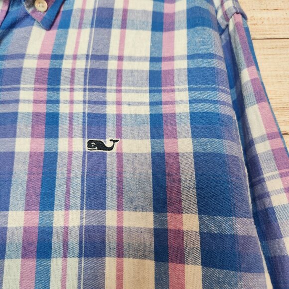 Vineyard Vines Mens M Blue White Plaid Classic Fit Whale Shirt Button Down Linen - Picture 3 of 15